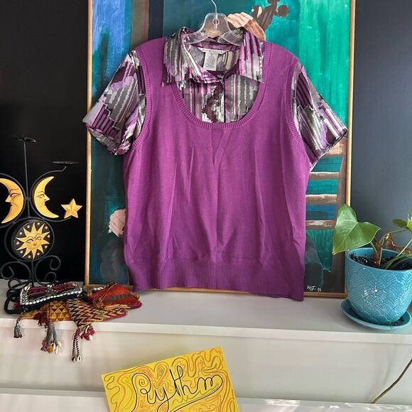 Fred David Sweater Top Womens Size XL Purple Multi Striped Layered Look Collared - Picture 2 of 14